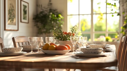 A rustic farmhouse dining table set with fresh produce, vintage tableware, and warm natural lighting in HD and realistic quality