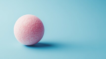 A creative Christmas design featuring a flying pink tennis ball as a tree ornament, set against a vibrant red and pastel blue background. A minimalist concept for Xmas or New Year celebrations