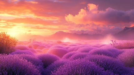 Vibrant sunset over a sprawling lavender field, misty mountains in the background.