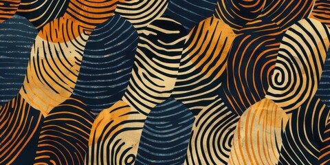 A sophisticated, seamless background featuring alternating fingerprint-like patterns in navy, orange, and beige; perfect for identity-focused designs needing a touch of elegance and visual intrigue.