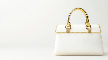 Elegant white handbag with gold accents on white background.
