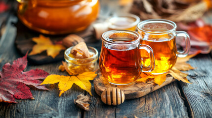 Autumn tea setting with honey and colorful leaves on rustic wooden table