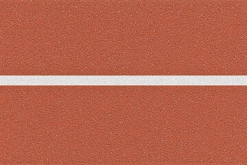 A top-down view of an outdoor sports court with a red rubber ground and a single white line