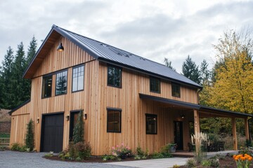 Naklejka premium A contemporary wooden structure featuring expansive windows sits in a picturesque outdoor environment, beautifully framed by trees adorned in vibrant autumn leaves