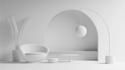 Minimalist white room interior design with armchair, table, and arch.