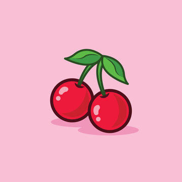 Cherry in Cartoon Icon Illustration Flat Cartoon Style