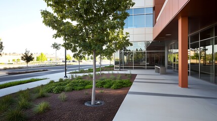 Fototapeta premium Modern building exterior with landscaping and paved walkway