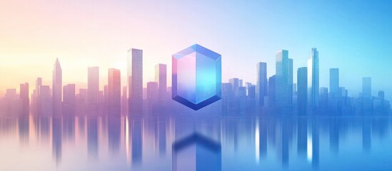 Fototapeta premium Futuristic cityscape with sleek skyscrapers and high rise buildings reflected in the calm water at sunset or sunrise