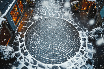 Charming cobblestone square with snowfall and festive shop displays