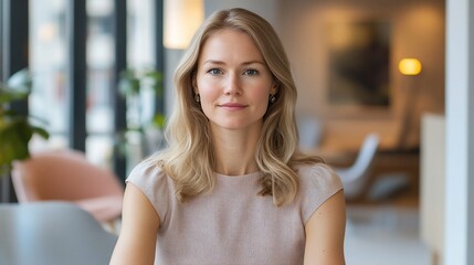 Fototapeta premium Confident blonde woman portrait in modern interior.