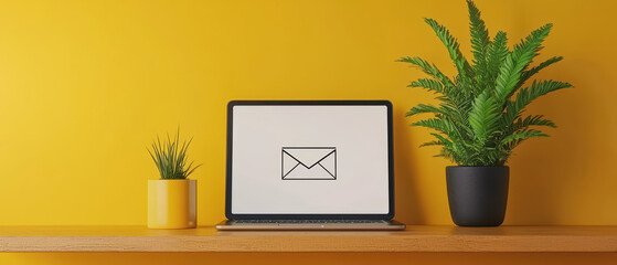 Fototapeta premium laptop displaying email icon on yellow background with plants