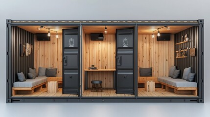 Modern shipping container repurposed as a stylish office or cafe with wooden interiors and comfortable seating.