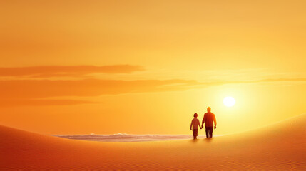 parent and child walking hand in hand on sandy beach at sunset