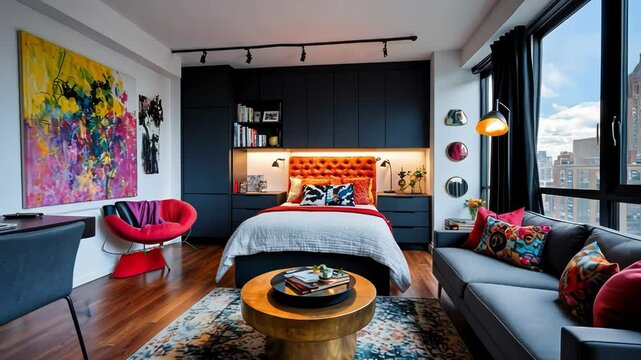 Stylish bedroom with vibrant decor, large windows showcasing city view, inviting atmosphere enriched by modern furnishings