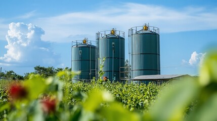 Three large industrial storage tanks in a field.