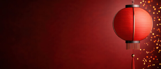 Obraz premium Red lantern hanging against dark background with festive bokeh lights