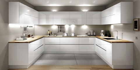 A sleek, modern minimalist kitchen boasts bright white cabinets, warm wooden countertops, and soft overhead lighting; essential tools are neatly arranged, showcasing a spacious and functional design.