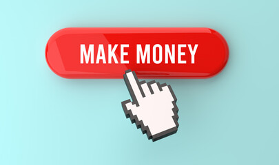 Make Money text on web button, pixel clickable interface, web banner, online opportunities, digital income, financial growth, user engagement, modern design, 3D render.