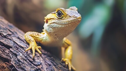 Colorful Reptile Climbing Log in Jungle Setting
