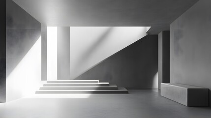 A 3D-rendered gray room with a neutral and minimalist aesthetic