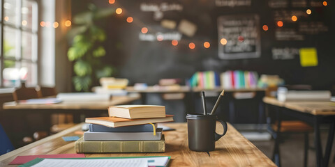 Books, mug, and pencils on a desk in a cozy classroom setting with a blackboard and fairy lights.
