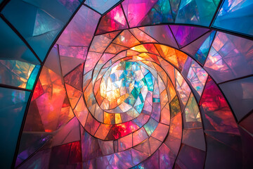 Vibrant spiral of multicolored stained glass creating a kaleidoscopic pattern