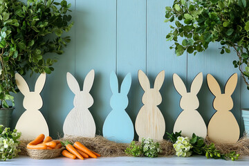 Wooden bunny silhouettes in rustic spring arrangement with carrots and greenery on blue background
