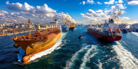 Cargo ships sailing in bosphorus strait near istanbul on a sunny day