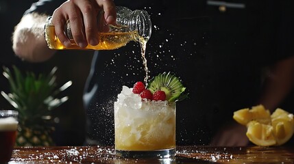 Bartender expertly pours rum into a glass for a refreshing Mai Tai cocktail