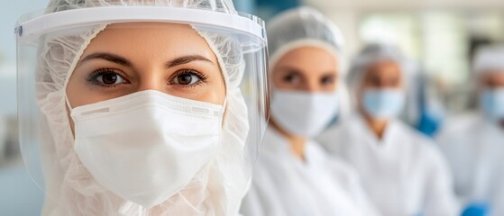 Lab worker PPE portrait, colleagues blurred