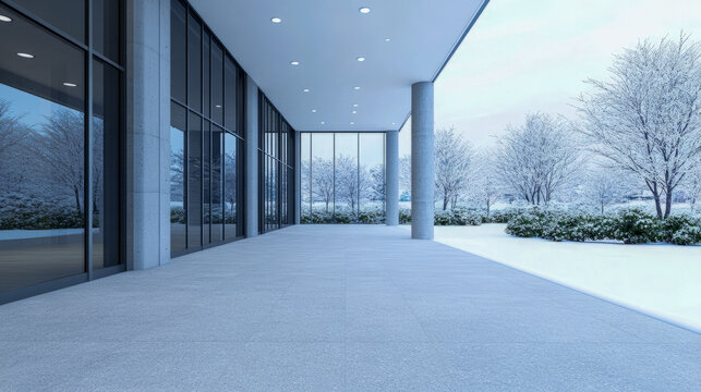 Modern glass building exterior in a snowy winter landscape