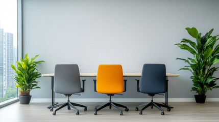 Modern office interior with three chairs and plants by window