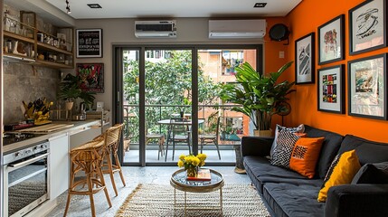 Naklejka premium Modern apartment interior with orange wall, open kitchen, living area, balcony view, and potted plants.