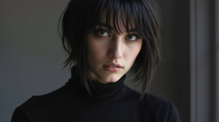 Portrait of a woman with short black hair and wearing a black turtleneck sweater. Looking directly at the camera.  Illuminated by natural window light. Flawless complexion. Sensual gaze.