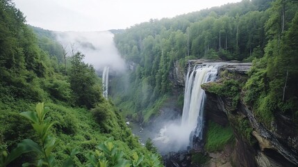Fototapeta premium Majestic mountain waterfalls mist, lush forest, scenic travel