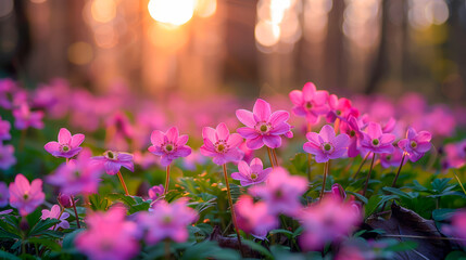 Vibrant pink anemone flowers in sunlit spring forest
