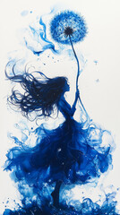 Fototapeta premium Minimalism, alcohol ink, blue watercolor with a detailed gradient from white to dark blue, subtle strokes, origami, a litt.le girl with flowing hair painted with a black gel pen runs holding a beautif