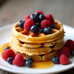 Deliciously Stacked Waffles Topped with Fresh Berries and Drizzled with Maple Syrup