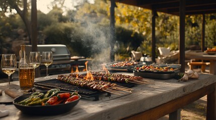 Outdoor grilling scene with skewers, vegetables, and drinks.