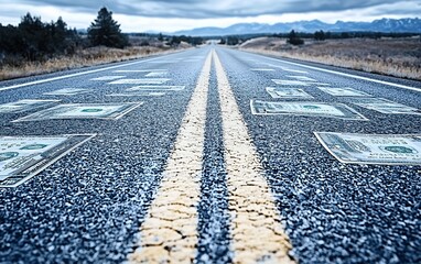 Road paved with dollar bills leading to mountains.