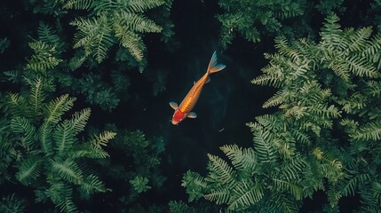 Aerial view of single orange koi fish in a pond surrounded by lush green ferns.