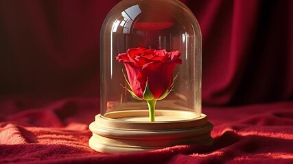 Red rose in a glass dome on a red background