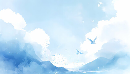 Serene watercolor landscape featuring birds in flight over a misty mountain range and a light blue sky; ideal for meditation, tranquility, and peaceful backgrounds.