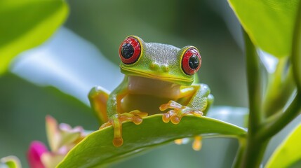 Fototapeta premium Vibrant Frog in Misty Jungle Undergrowth
