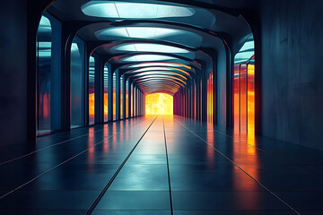 stock photo features a modern, futuristic, and empty dark room with a 3D design