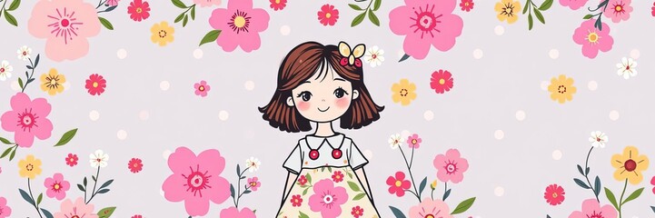 A cute girl holding flowers with two seamless patterns of floral and polka dots, girl, playful, design