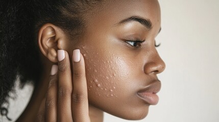 Naklejka premium A woman touching a mole on her cheek, showcasing natural skin texture and skincare awareness