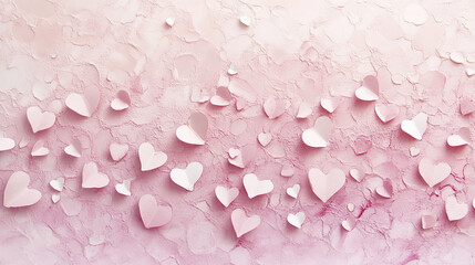 Fototapeta premium Soft pastel pink background with scattered paper hearts creating romantic feel
