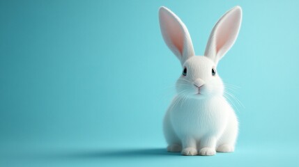 Obraz premium Cute white rabbit sitting on a light blue background.