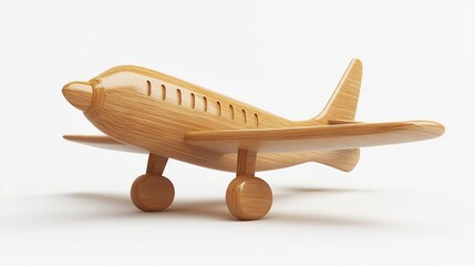 Wooden toy airplane model on white background.